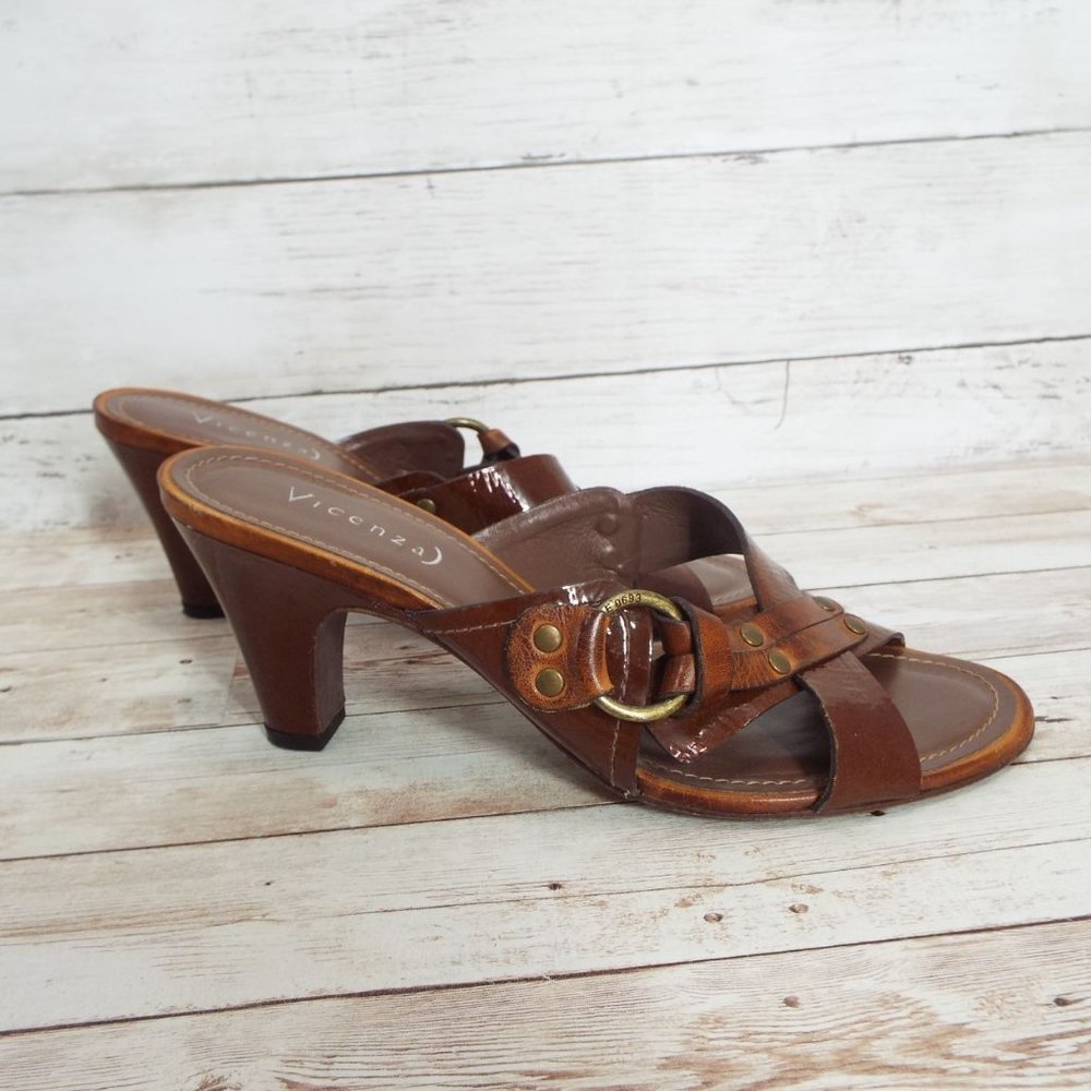 Vicenza Brown Leather Carmen Heeled Mule Sandals Size 39 - Picture 12 of 14